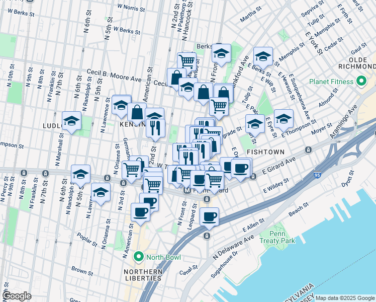 map of restaurants, bars, coffee shops, grocery stores, and more near 118 West Master Street in Philadelphia