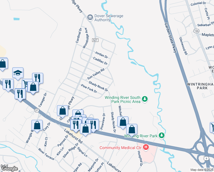 map of restaurants, bars, coffee shops, grocery stores, and more near 3 Morningside Drive in Toms River