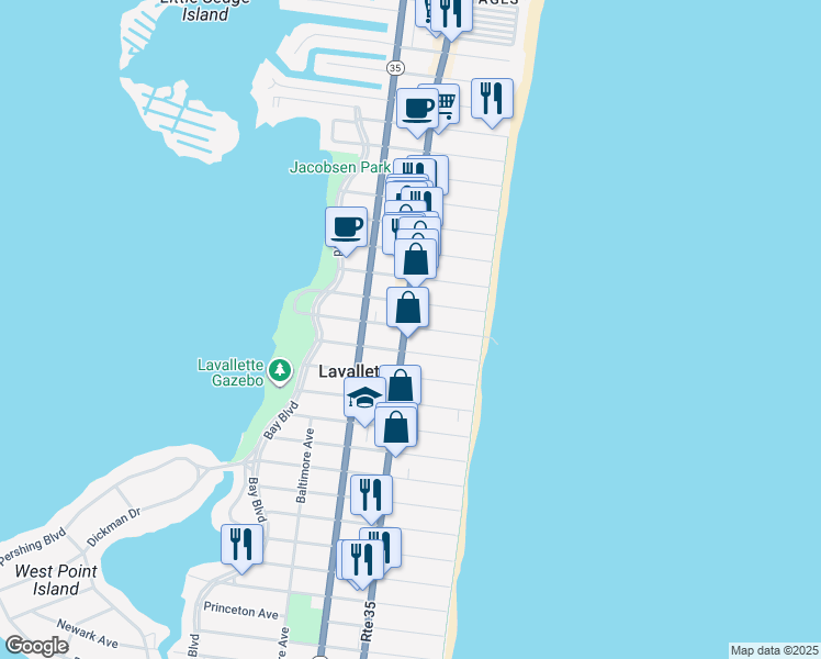 map of restaurants, bars, coffee shops, grocery stores, and more near 807 Grand Central Avenue in Lavallette