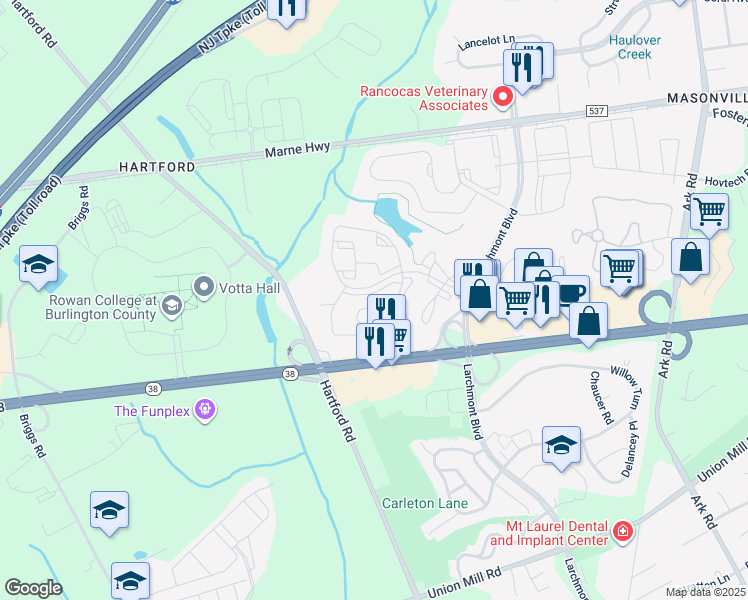 map of restaurants, bars, coffee shops, grocery stores, and more near 4904B Dunbarton Road in Mount Laurel Township