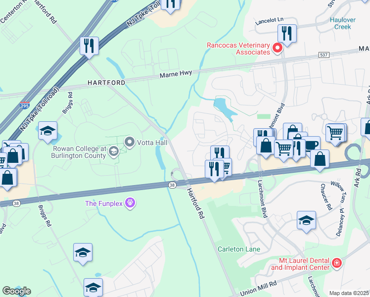 map of restaurants, bars, coffee shops, grocery stores, and more near 4204B Aberdeen Drive in Mount Laurel Township