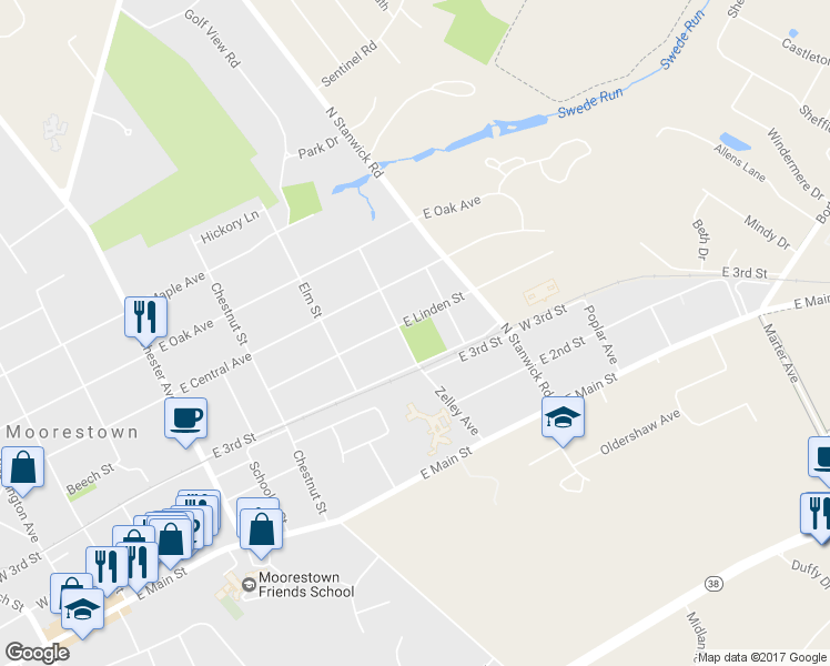 map of restaurants, bars, coffee shops, grocery stores, and more near 308 East Linden Street in Moorestown
