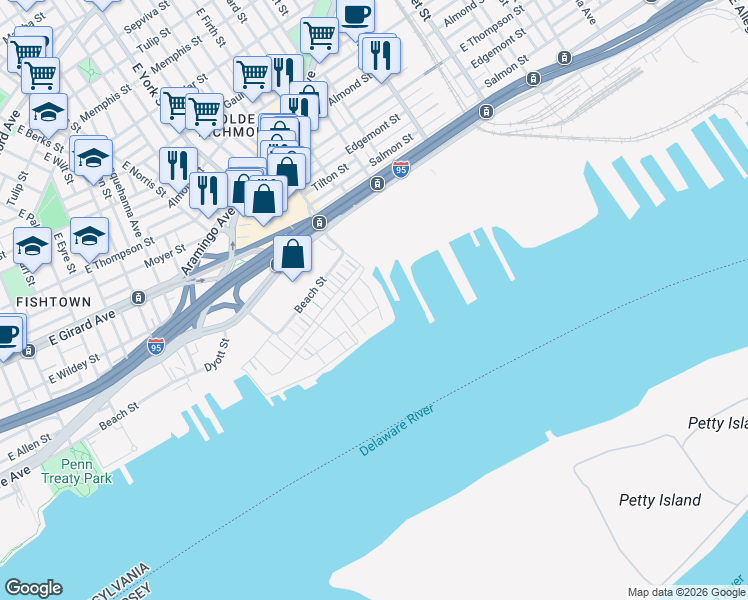 map of restaurants, bars, coffee shops, grocery stores, and more near 2015 Richmond Street in Philadelphia