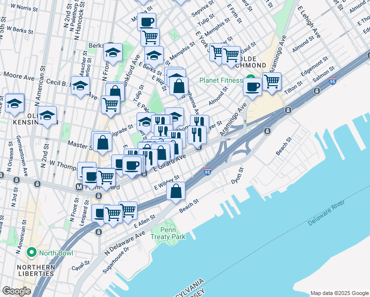 map of restaurants, bars, coffee shops, grocery stores, and more near 606 East Flora Street in Philadelphia