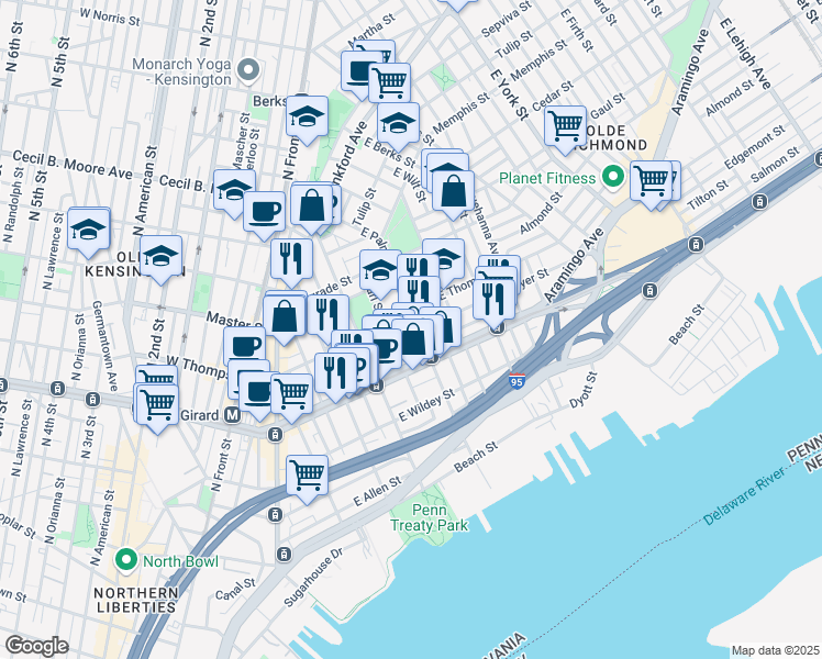 map of restaurants, bars, coffee shops, grocery stores, and more near 1245 East Palmer Street in Philadelphia