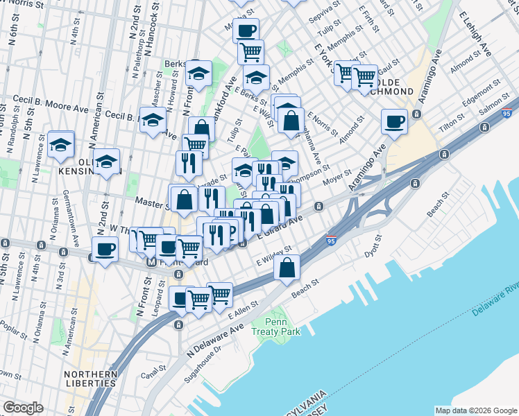 map of restaurants, bars, coffee shops, grocery stores, and more near 1245 East Palmer Street in Philadelphia