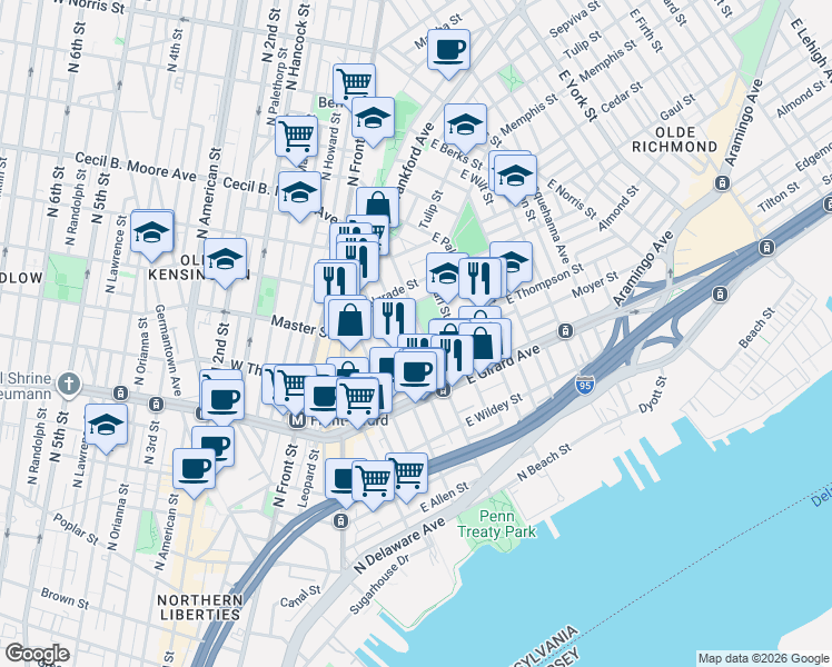map of restaurants, bars, coffee shops, grocery stores, and more near 1319 East Oxford Street in Philadelphia