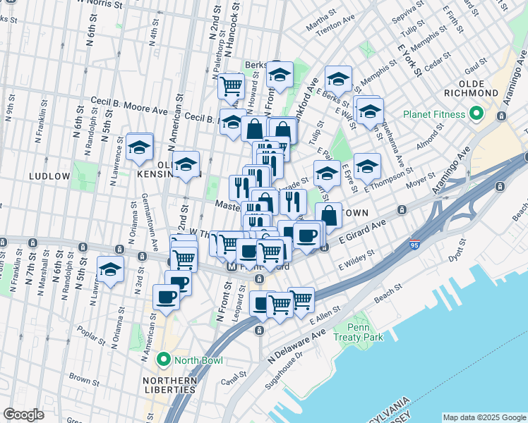 map of restaurants, bars, coffee shops, grocery stores, and more near 1348 Marlborough Street in Philadelphia