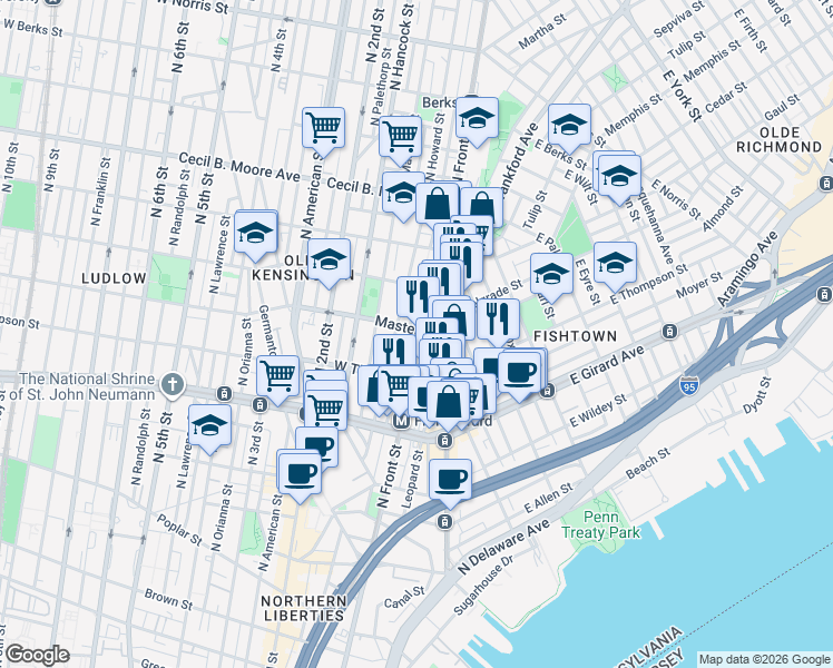 map of restaurants, bars, coffee shops, grocery stores, and more near 1405 North Front Street in Philadelphia