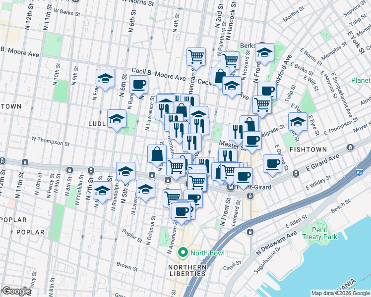 map of restaurants, bars, coffee shops, grocery stores, and more near 1350 North 2nd Street in Philadelphia