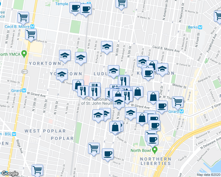 map of restaurants, bars, coffee shops, grocery stores, and more near 1311 North Marshall Street in Philadelphia