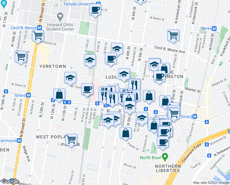 map of restaurants, bars, coffee shops, grocery stores, and more near 1311 North Marshall Street in Philadelphia