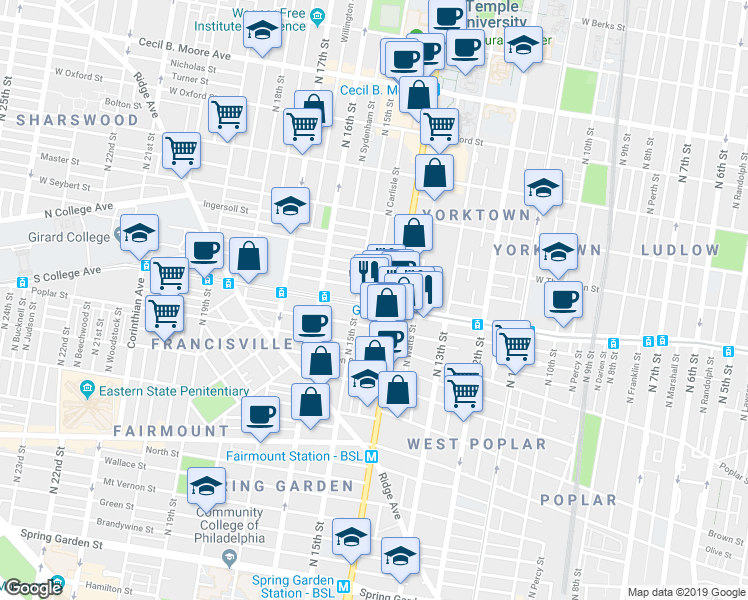 map of restaurants, bars, coffee shops, grocery stores, and more near 1403 West Flora Street in Philadelphia