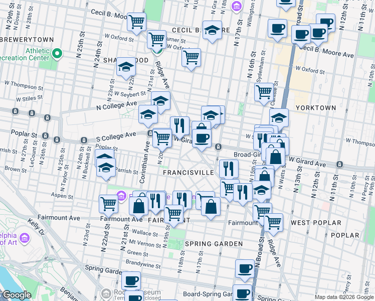 map of restaurants, bars, coffee shops, grocery stores, and more near 1820 Ridge Avenue in Philadelphia