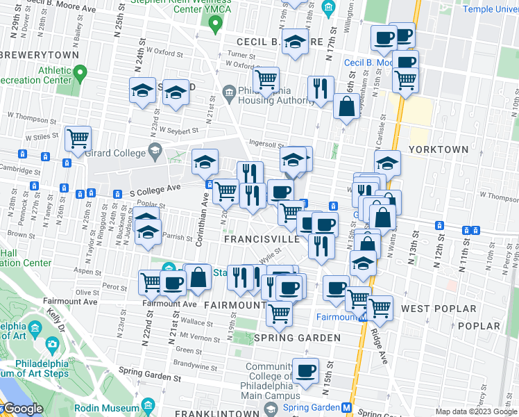 map of restaurants, bars, coffee shops, grocery stores, and more near 1820 Ridge Avenue in Philadelphia