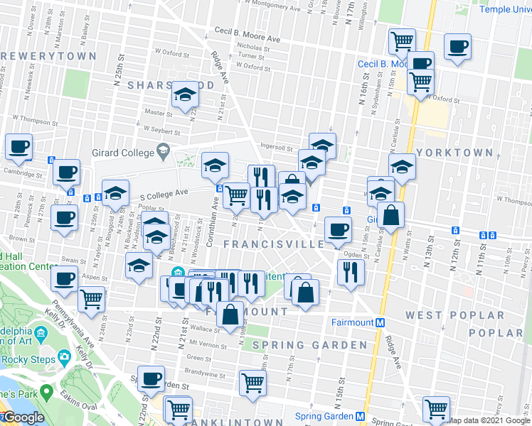 map of restaurants, bars, coffee shops, grocery stores, and more near in Philadelphia