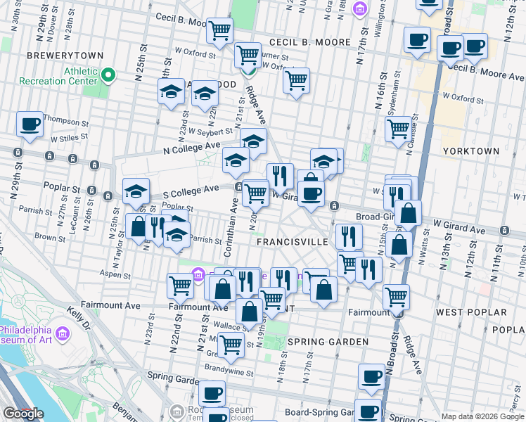 map of restaurants, bars, coffee shops, grocery stores, and more near in Philadelphia