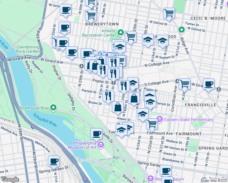 map of restaurants, bars, coffee shops, grocery stores, and more near 851 North Bambrey Street in Philadelphia