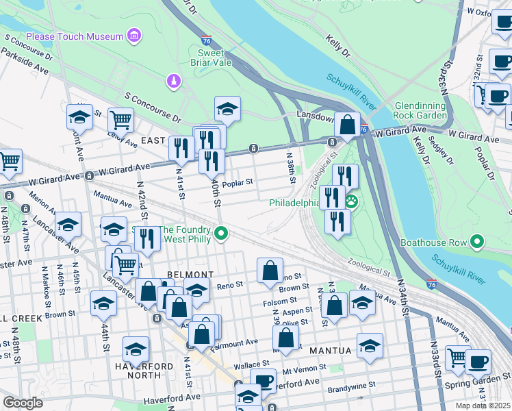 map of restaurants, bars, coffee shops, grocery stores, and more near 3856 Pennsgrove Street in Philadelphia