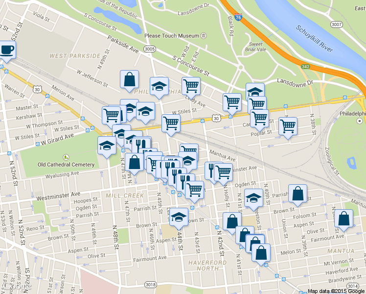 map of restaurants, bars, coffee shops, grocery stores, and more near 4251 Mantua Avenue in Philadelphia