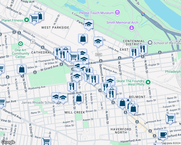 map of restaurants, bars, coffee shops, grocery stores, and more near 4635 Merion Avenue in Philadelphia