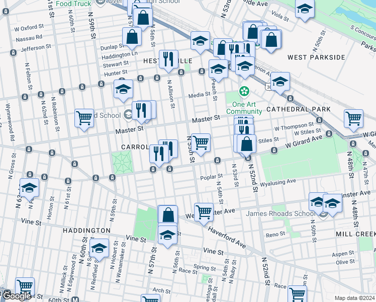 map of restaurants, bars, coffee shops, grocery stores, and more near 1250 North 55th Street in Philadelphia