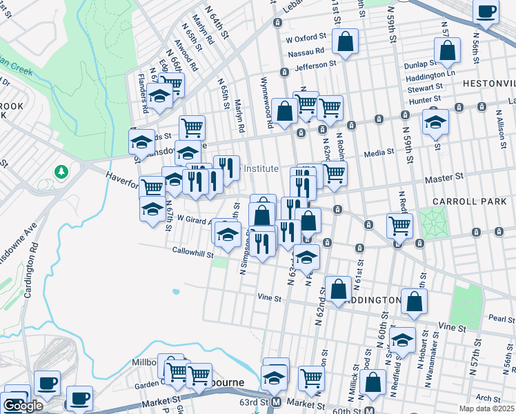 map of restaurants, bars, coffee shops, grocery stores, and more near 6416 Haverford Avenue in Philadelphia