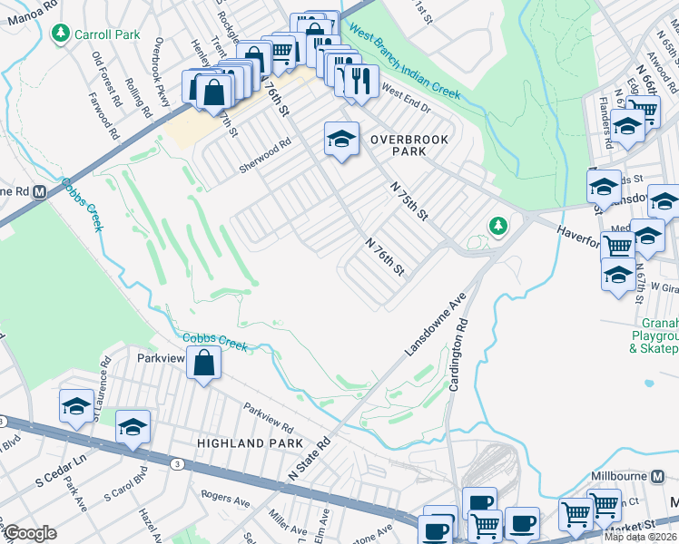 map of restaurants, bars, coffee shops, grocery stores, and more near 1381 Farrington Road in Philadelphia