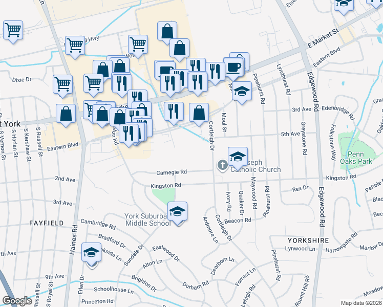 map of restaurants, bars, coffee shops, grocery stores, and more near 2840 Eastern Boulevard in York