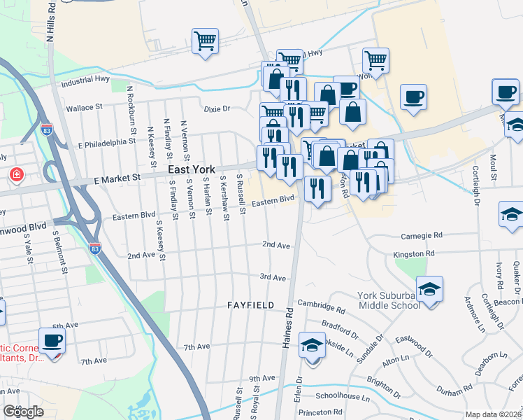 map of restaurants, bars, coffee shops, grocery stores, and more near 2300 Eastern Boulevard in East York