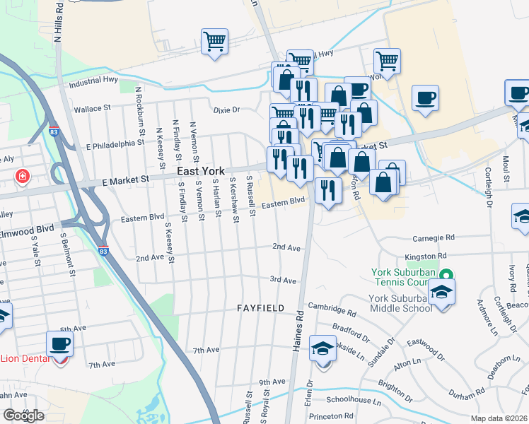 map of restaurants, bars, coffee shops, grocery stores, and more near 2220 Eastern Boulevard in East York