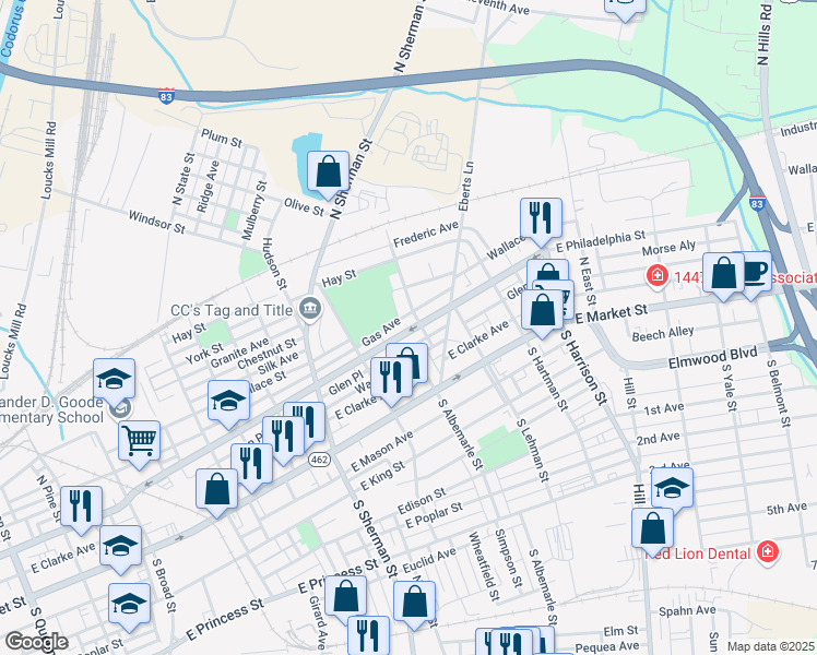 map of restaurants, bars, coffee shops, grocery stores, and more near 1002 State Route 462 in York