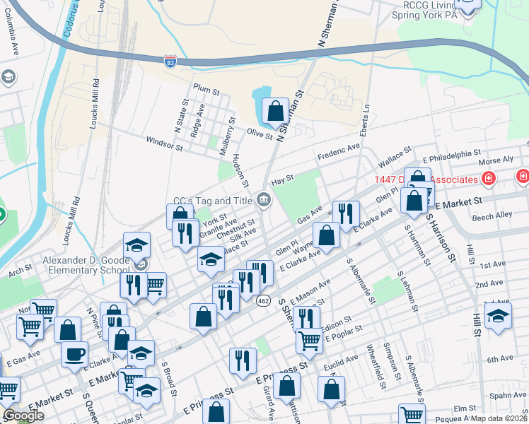 map of restaurants, bars, coffee shops, grocery stores, and more near 255 North Sherman Street in York