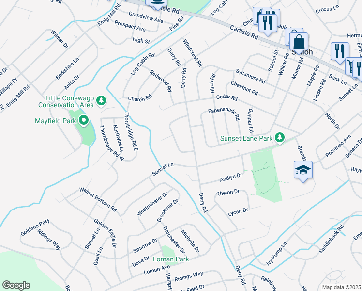 map of restaurants, bars, coffee shops, grocery stores, and more near 2132 Derry Road in York