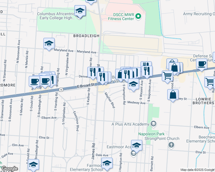 map of restaurants, bars, coffee shops, grocery stores, and more near 3304 East Broad Street in Columbus