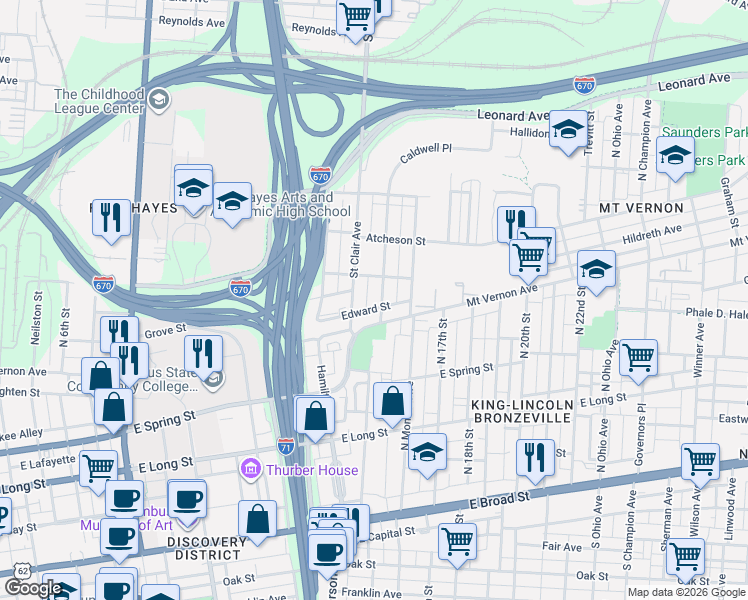 map of restaurants, bars, coffee shops, grocery stores, and more near 345 North Garfield Avenue in Columbus