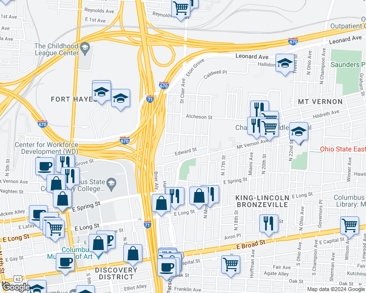 map of restaurants, bars, coffee shops, grocery stores, and more near 345 North Garfield Avenue in Columbus
