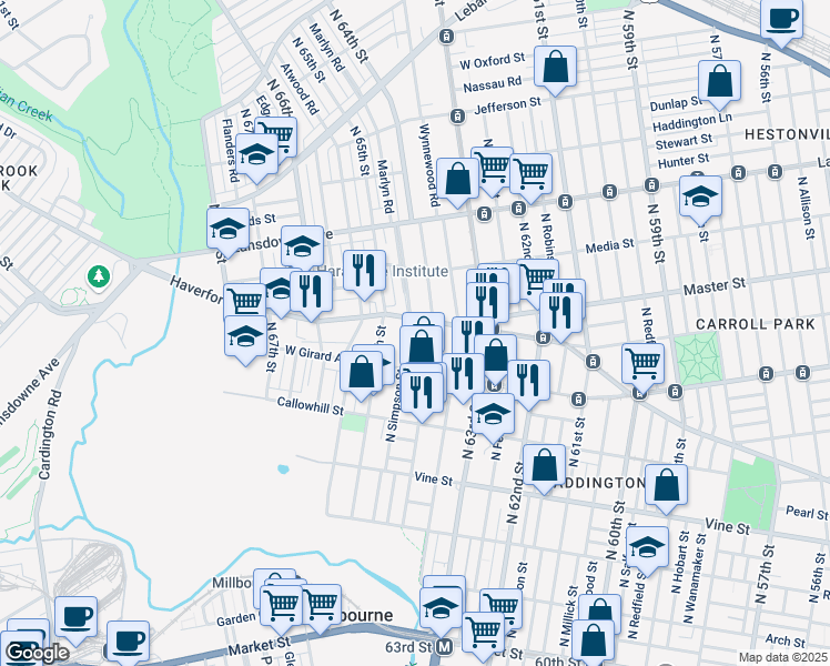 map of restaurants, bars, coffee shops, grocery stores, and more near 6416 Haverford Avenue in Philadelphia