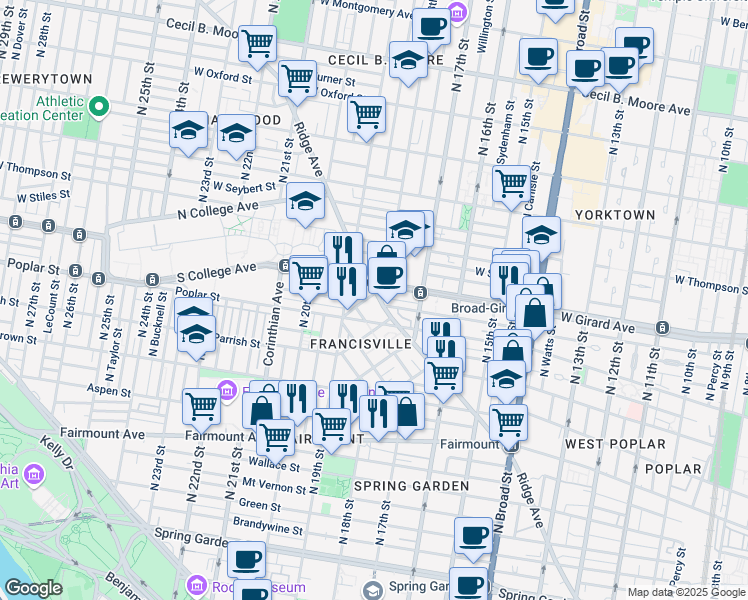 map of restaurants, bars, coffee shops, grocery stores, and more near 1810 Ridge Avenue in Philadelphia