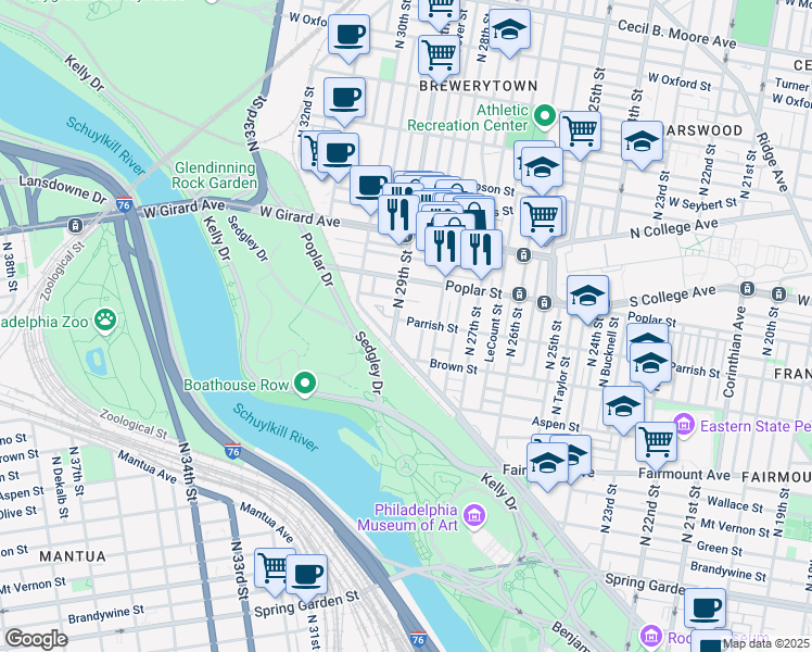 map of restaurants, bars, coffee shops, grocery stores, and more near 825 North 29th Street in Philadelphia