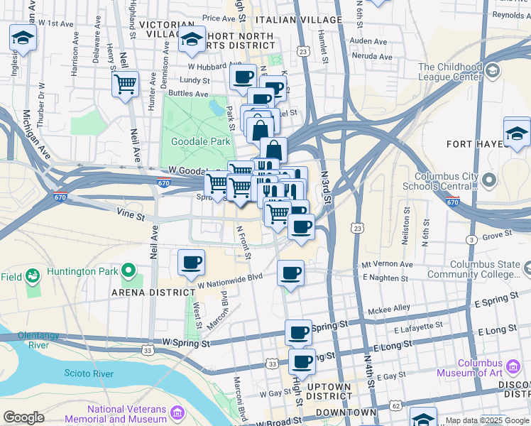 map of restaurants, bars, coffee shops, grocery stores, and more near 491 North High Street in Columbus