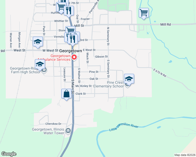 map of restaurants, bars, coffee shops, grocery stores, and more near 305 Oak Street in Georgetown