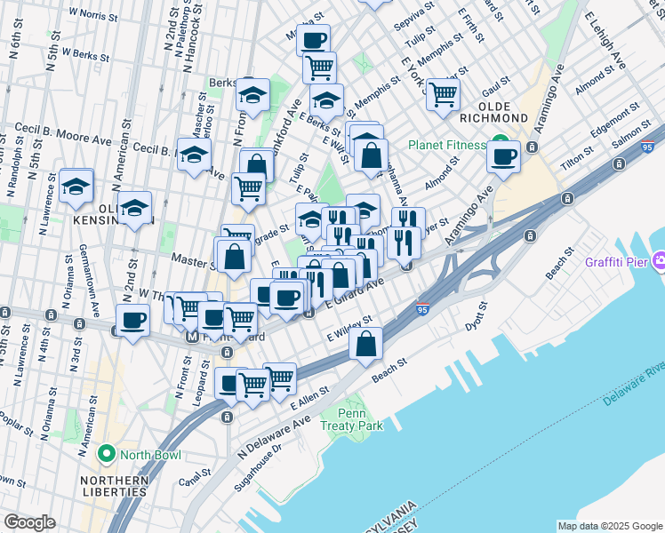 map of restaurants, bars, coffee shops, grocery stores, and more near 461 Moyer Street in Philadelphia