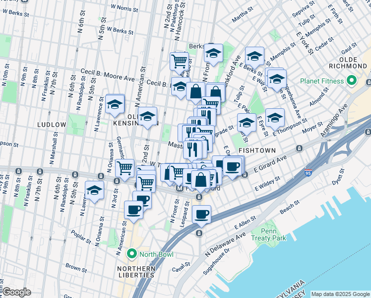 map of restaurants, bars, coffee shops, grocery stores, and more near 106 Master Street in Philadelphia