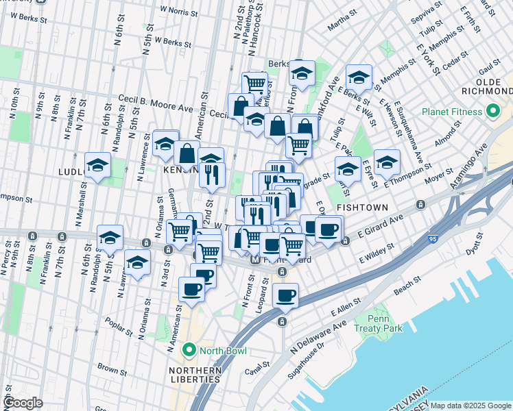 map of restaurants, bars, coffee shops, grocery stores, and more near 118 West Master Street in Philadelphia