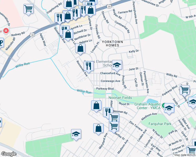 map of restaurants, bars, coffee shops, grocery stores, and more near 754 Tioga Street in York