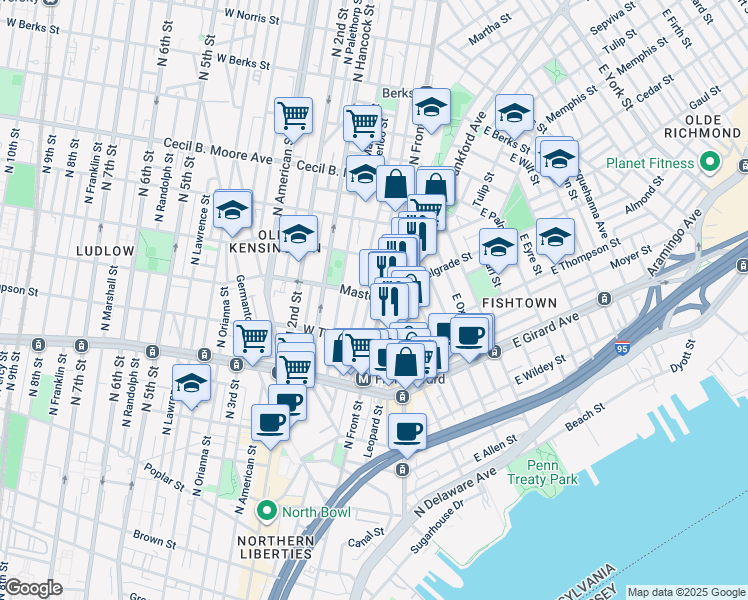 map of restaurants, bars, coffee shops, grocery stores, and more near 106 Master Street in Philadelphia