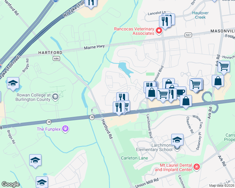 map of restaurants, bars, coffee shops, grocery stores, and more near 4904B Dunbarton Road in Mount Laurel Township