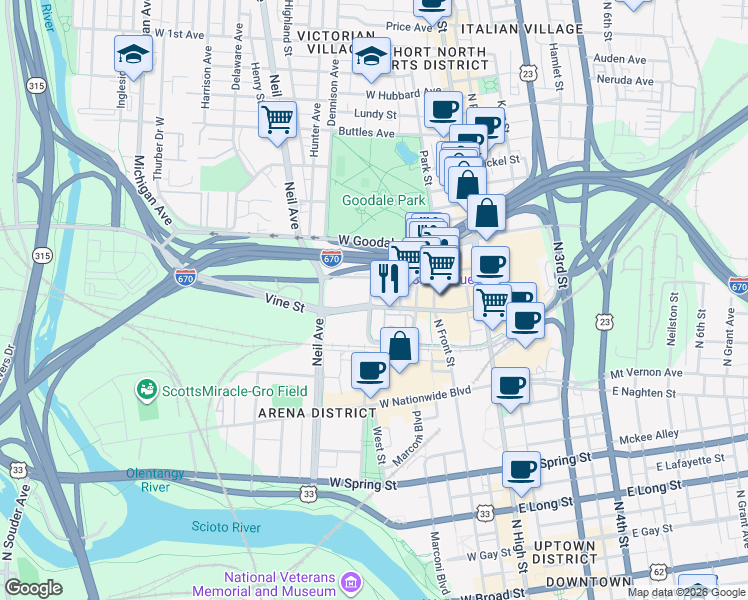 map of restaurants, bars, coffee shops, grocery stores, and more near 144 Vine Street in Columbus