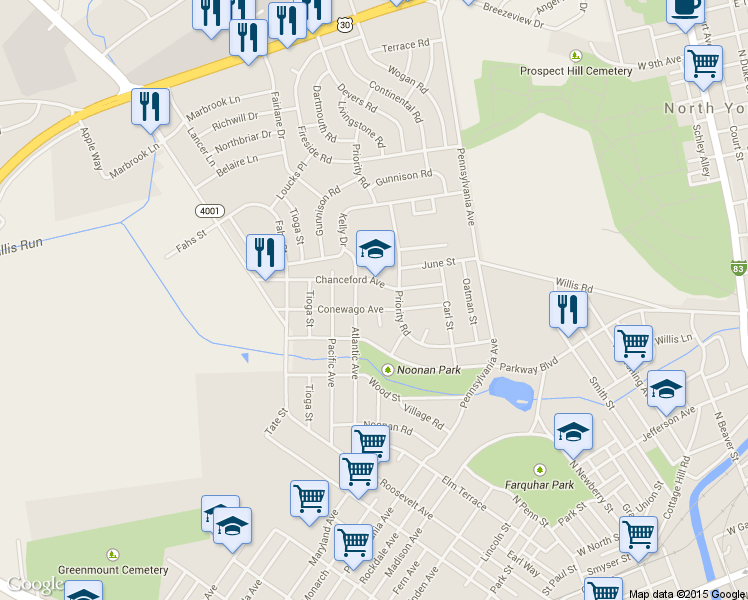 map of restaurants, bars, coffee shops, grocery stores, and more near 805 Conewago Avenue in York